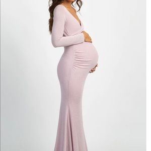 PinkBlush Pink Metallic Off Shoulder Long Sleeve Wrap Maternity Dress